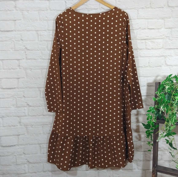 OYE Cute Brown Polkadot Casual Retro Boho Loose Fit Swing Long Sleeve Dress NWT - Picture 5 of 10